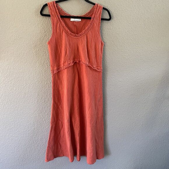 Cut Loose Dress Womens Small Orange Linen A-Line Midi V-Neck Lagenlook Crochet - Picture 1 of 9